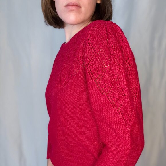 Vintage Red Knit Sweater with Subtle Puff Sleeves - Picture 3 of 8